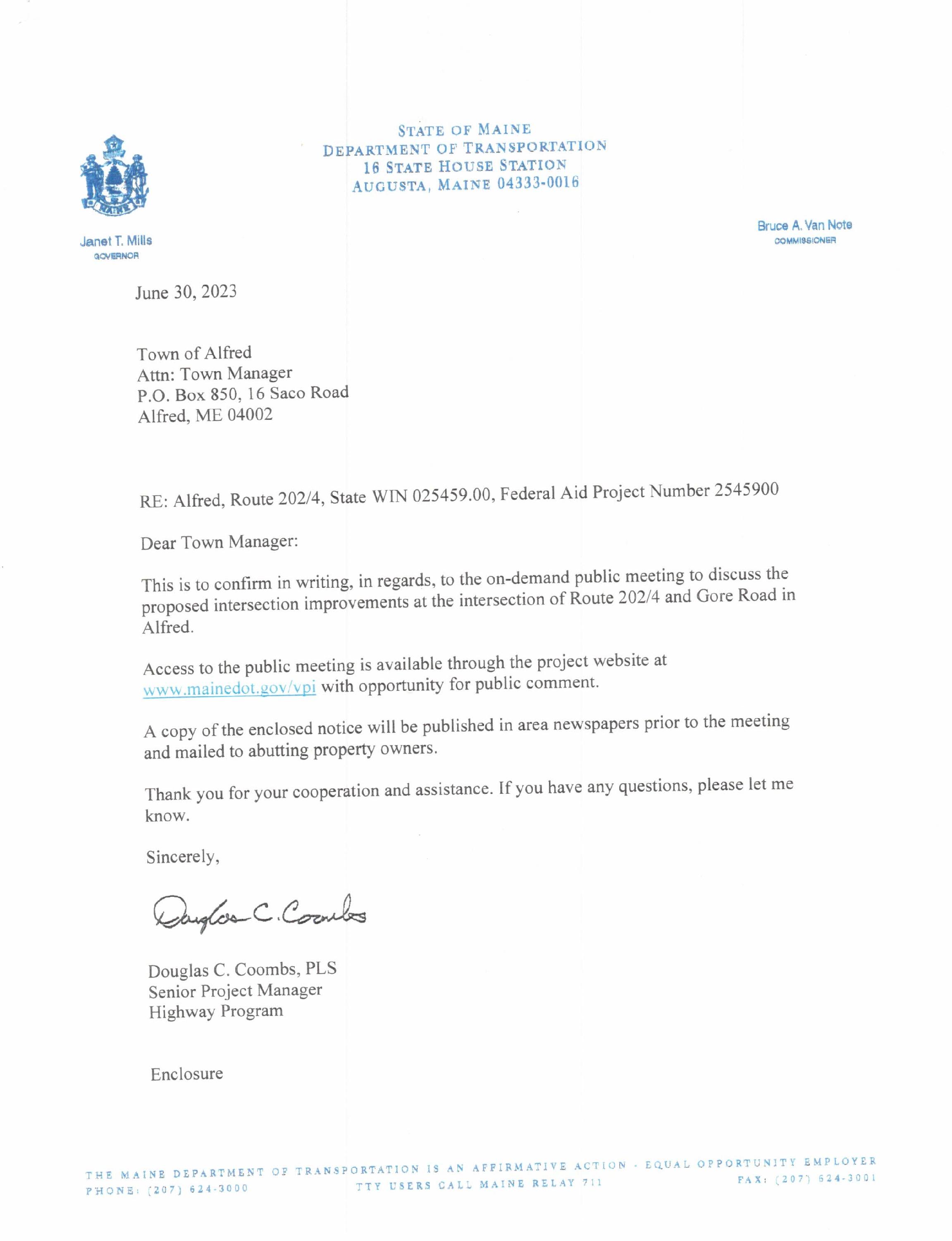 DOT letter Re improvements to 2024 & Gore Rd